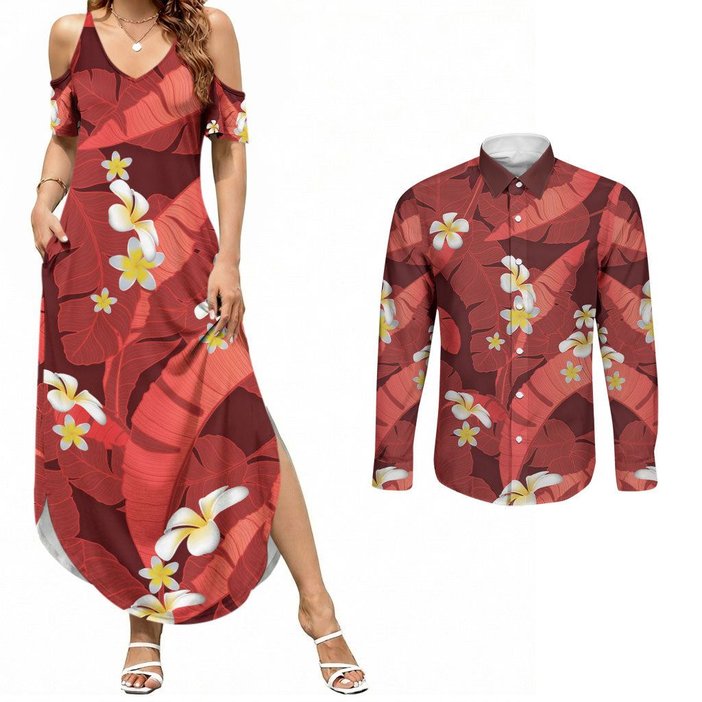Red Banana Leaf Hawaii Couples Matching Summer Maxi Dress and Long Sleeve Button Shirt Lau Maia Plumeria Tropical Summer Vibes