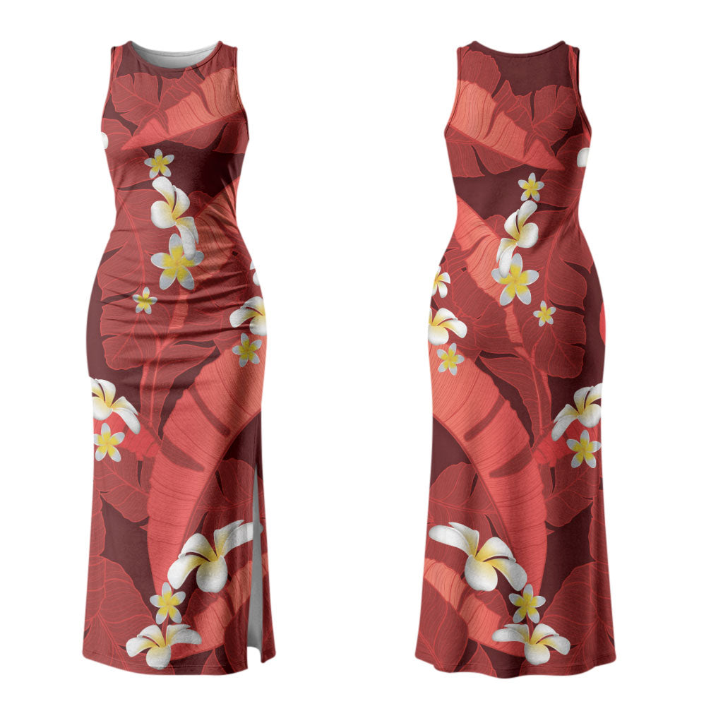 Red Banana Leaf Hawaii Couples Matching Tank Maxi Dress and Hawaiian Shirt Lau Maia Plumeria Tropical Summer Vibes