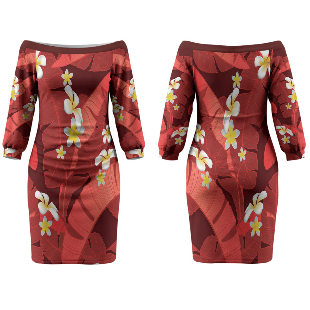 Red Banana Leaf Hawaii Family Matching Off The Shoulder Long Sleeve Dress and Hawaiian Shirt Lau Maia Plumeria Tropical Summer Vibes