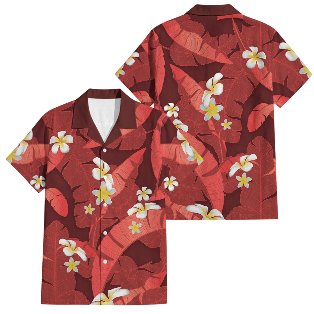 Red Banana Leaf Hawaii Family Matching Off Shoulder Short Dress and Hawaiian Shirt Lau Maia Plumeria Tropical Summer Vibes