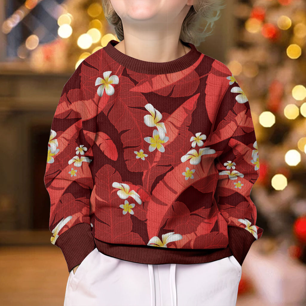 Red Banana Leaf Hawaii Kid Ugly Christmas Sweater Lau Maia Plumeria Tropical Summer Vibes LT14 - Polynesian Pride