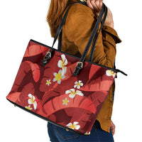 Red Banana Leaf Hawaii Leather Tote Bag Lau Maia Plumeria Tropical Summer Vibes