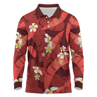 Red Banana Leaf Hawaii Long Sleeve Polo Shirt Lau Maia Plumeria Tropical Summer Vibes