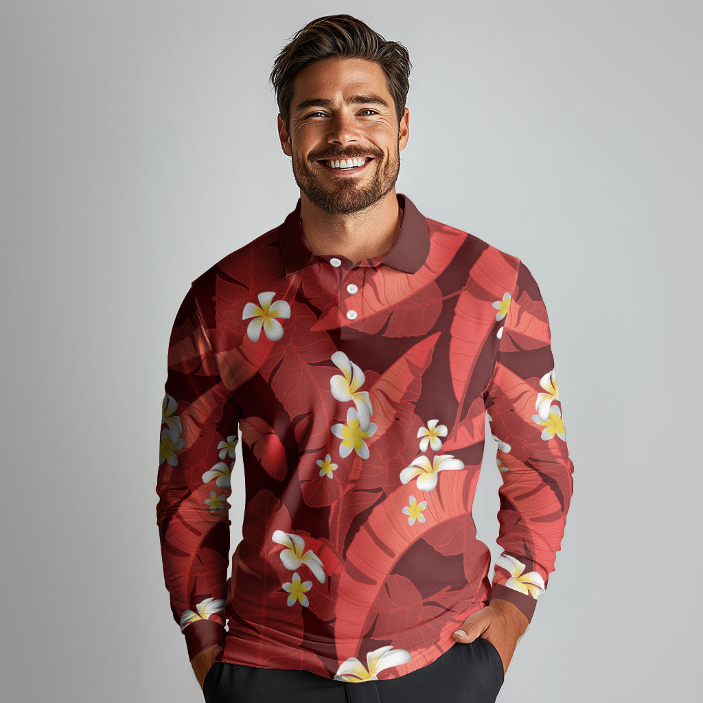 Red Banana Leaf Hawaii Long Sleeve Polo Shirt Lau Maia Plumeria Tropical Summer Vibes