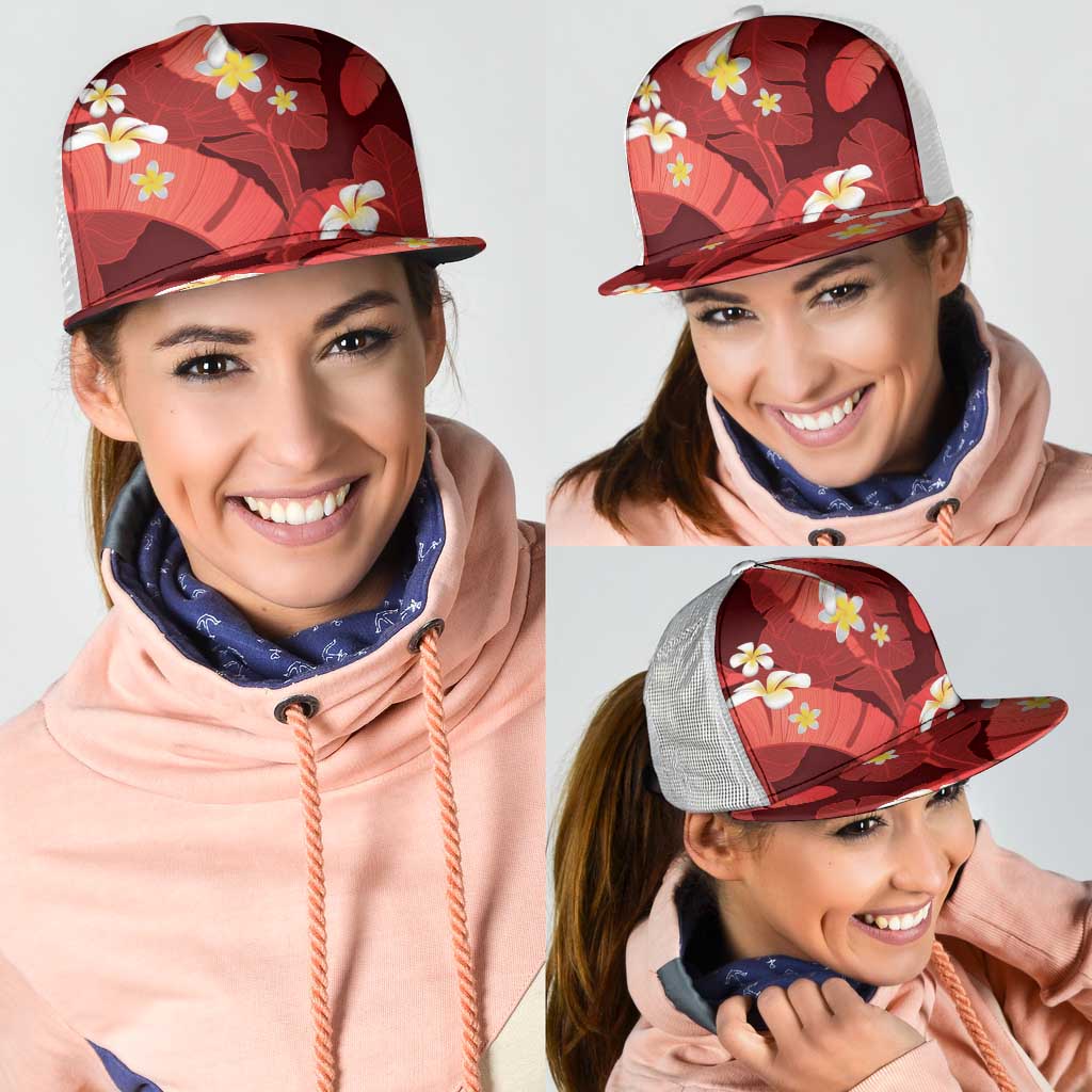 Red Banana Leaf Hawaii Mesh Trucker Cap Lau Maia Plumeria Tropical Summer Vibes
