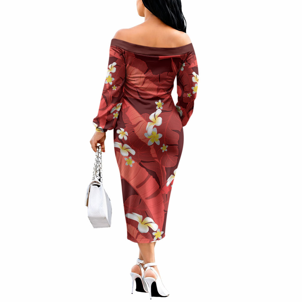 Red Banana Leaf Hawaii Off The Shoulder Long Sleeve Dress Lau Maia Plumeria Tropical Summer Vibes