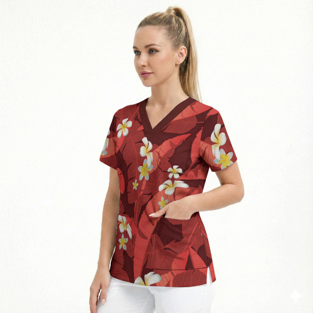 Red Banana Leaf Hawaii Scrub Top Lau Maia Plumeria Tropical Summer Vibes