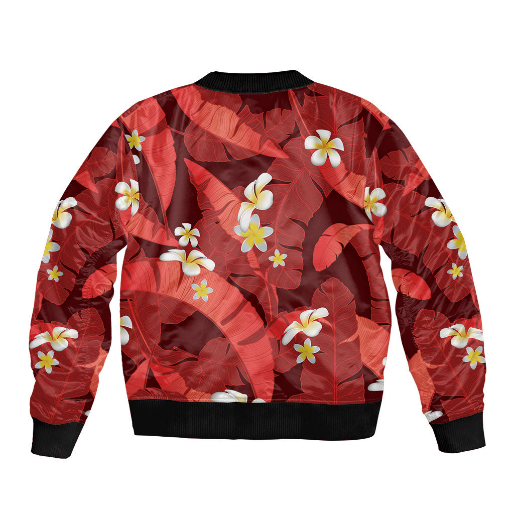 Red Banana Leaf Hawaii Sleeve Zip Bomber Jacket Lau Maia Plumeria Tropical Summer Vibes