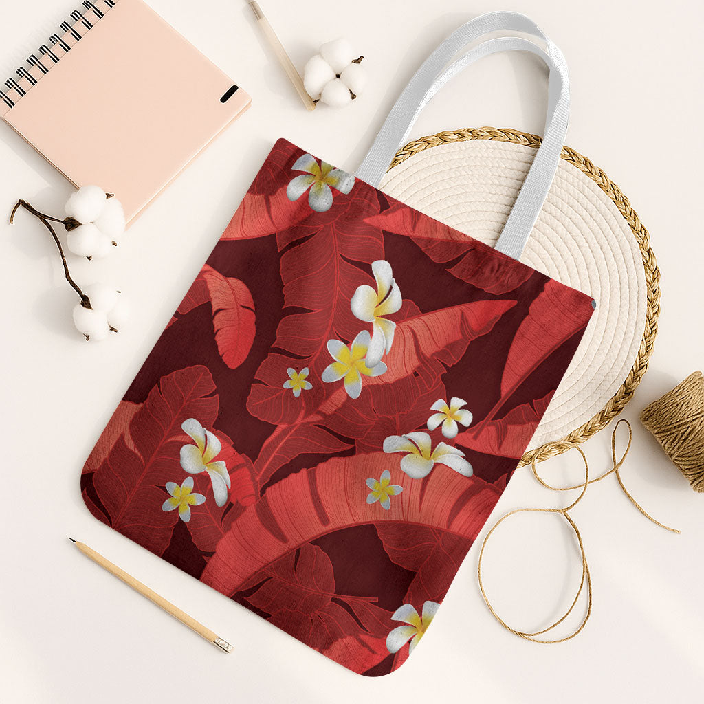 Red Banana Leaf Hawaii Tote Bag Lau Maia Plumeria Tropical Summer Vibes