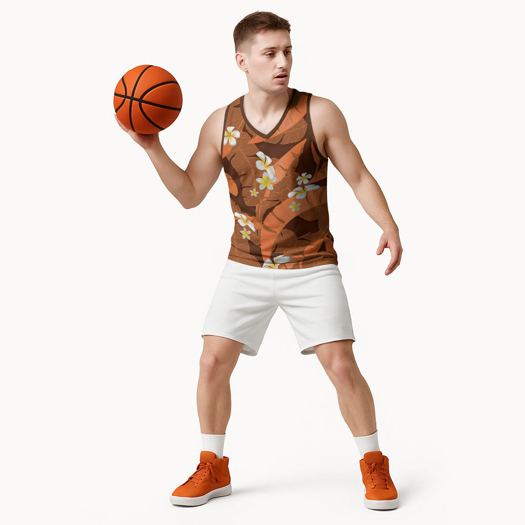 Orange Banana Leaf Hawaii Basketball Jersey Lau Maia Plumeria Tropical Summer Vibes LT14 - Polynesian Pride
