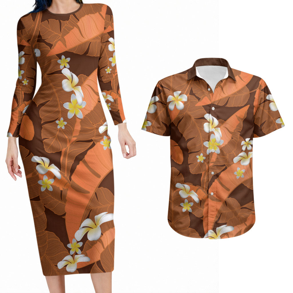 Orange Banana Leaf Hawaii Couples Matching Long Sleeve Bodycon Dress and Hawaiian Shirt Lau Maia Plumeria Tropical Summer Vibes LT14 Orange - Polynesian Pride