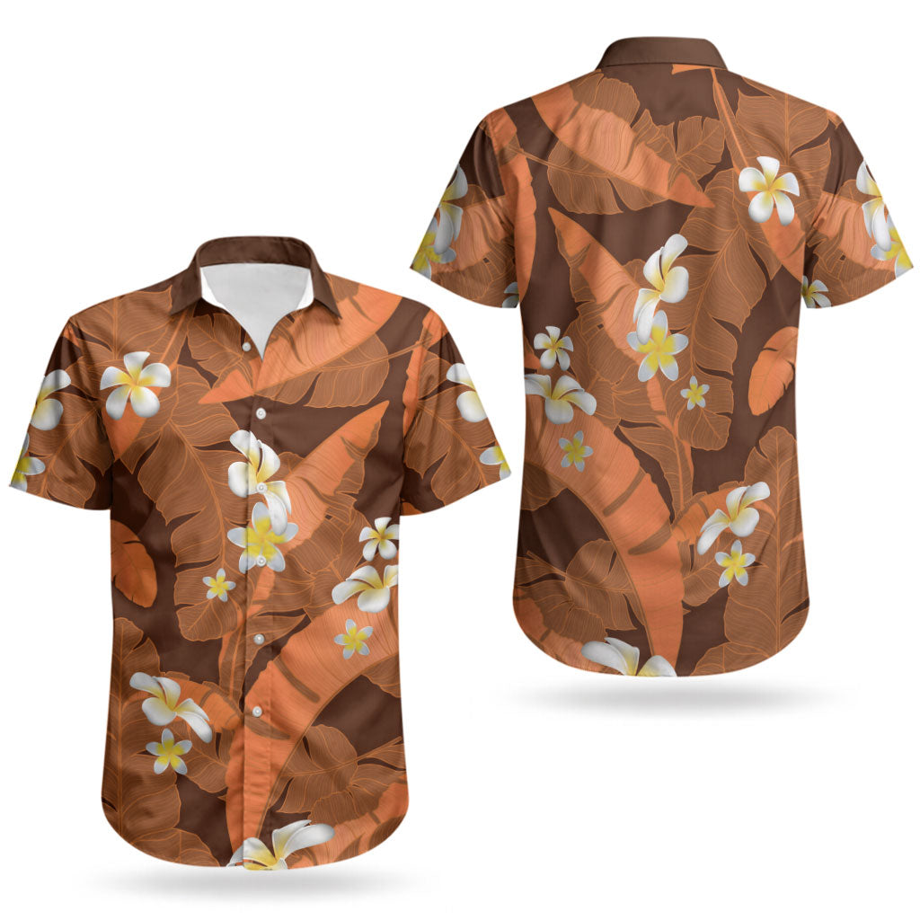 Orange Banana Leaf Hawaii Couples Matching Long Sleeve Bodycon Dress and Hawaiian Shirt Lau Maia Plumeria Tropical Summer Vibes