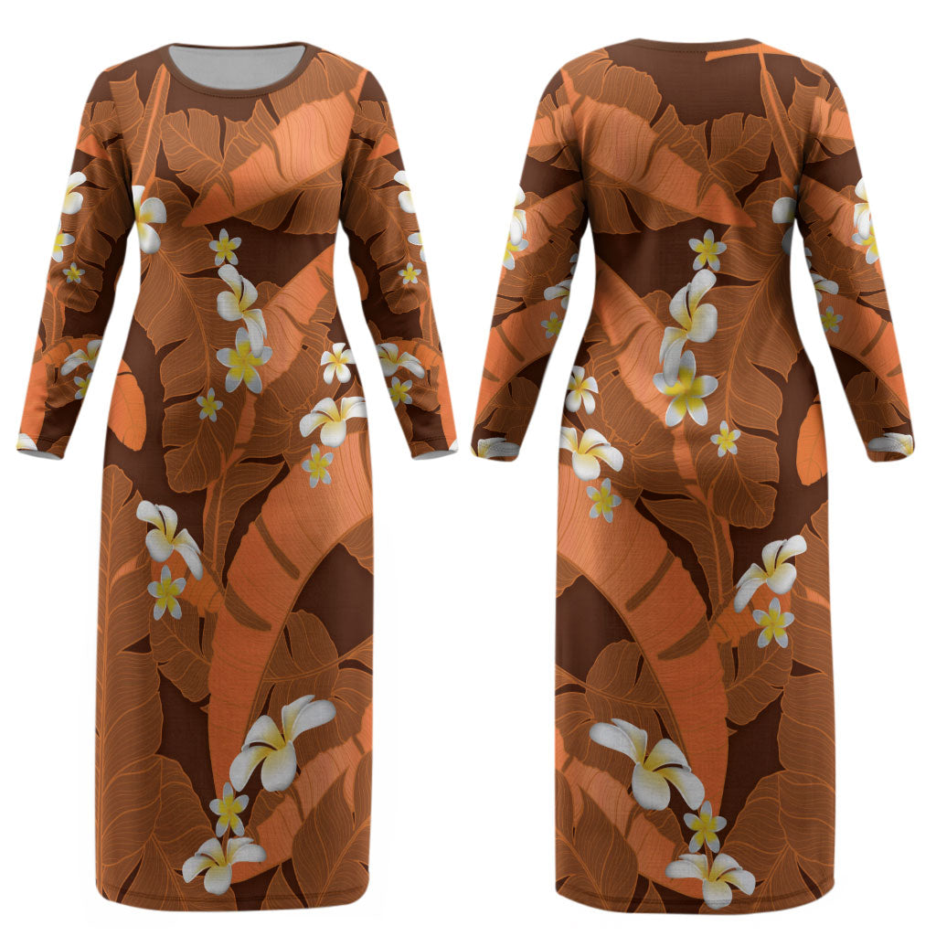 Orange Banana Leaf Hawaii Couples Matching Long Sleeve Bodycon Dress and Hawaiian Shirt Lau Maia Plumeria Tropical Summer Vibes