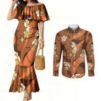 Orange Banana Leaf Hawaii Couples Matching Mermaid Dress and Long Sleeve Button Shirt Lau Maia Plumeria Tropical Summer Vibes