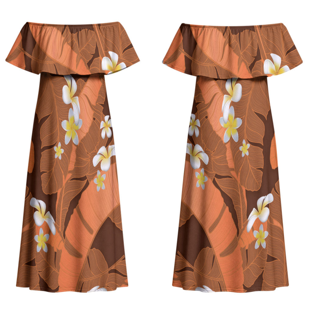 Orange Banana Leaf Hawaii Couples Matching Off Shoulder Maxi Dress and Hawaiian Shirt Lau Maia Plumeria Tropical Summer Vibes