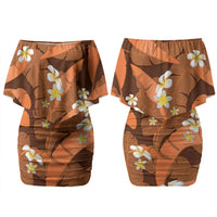 Orange Banana Leaf Hawaii Couples Matching Off Shoulder Short Dress and Hawaiian Shirt Lau Maia Plumeria Tropical Summer Vibes