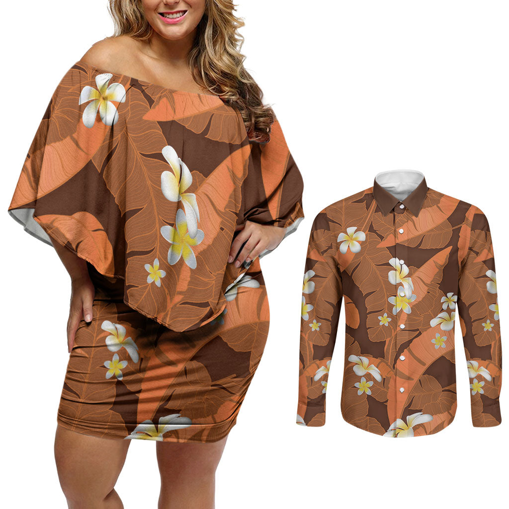 Orange Banana Leaf Hawaii Couples Matching Off Shoulder Short Dress and Long Sleeve Button Shirt Lau Maia Plumeria Tropical Summer Vibes