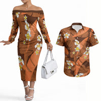 Orange Banana Leaf Hawaii Couples Matching Off The Shoulder Long Sleeve Dress and Hawaiian Shirt Lau Maia Plumeria Tropical Summer Vibes