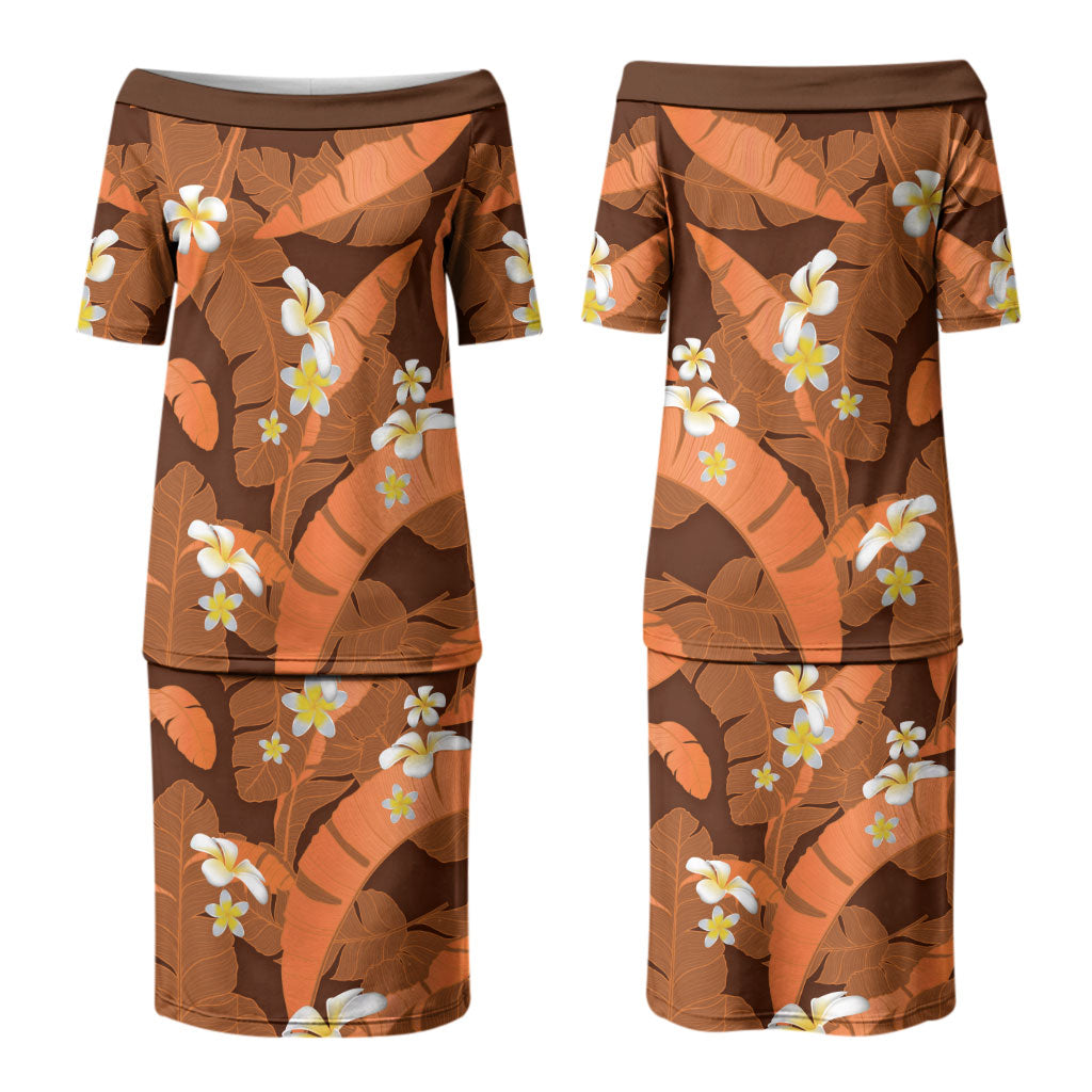 Orange Banana Leaf Hawaii Couples Matching Puletasi and Long Sleeve Button Shirt Lau Maia Plumeria Tropical Summer Vibes