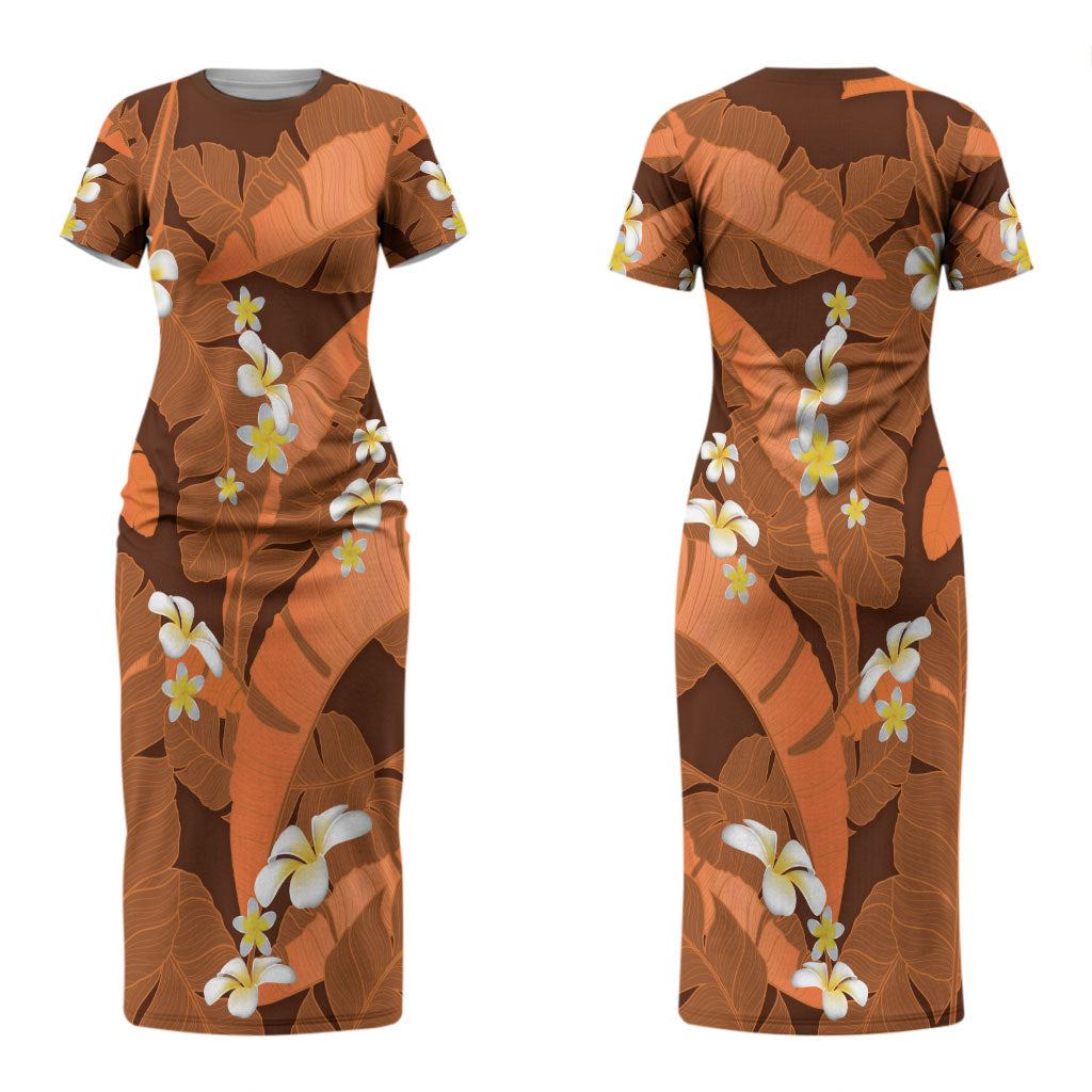 Orange Banana Leaf Hawaii Couples Matching Short Sleeve Bodycon Dress and Hawaiian Shirt Lau Maia Plumeria Tropical Summer Vibes