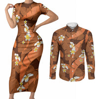 Orange Banana Leaf Hawaii Couples Matching Short Sleeve Bodycon Dress and Long Sleeve Button Shirt Lau Maia Plumeria Tropical Summer Vibes