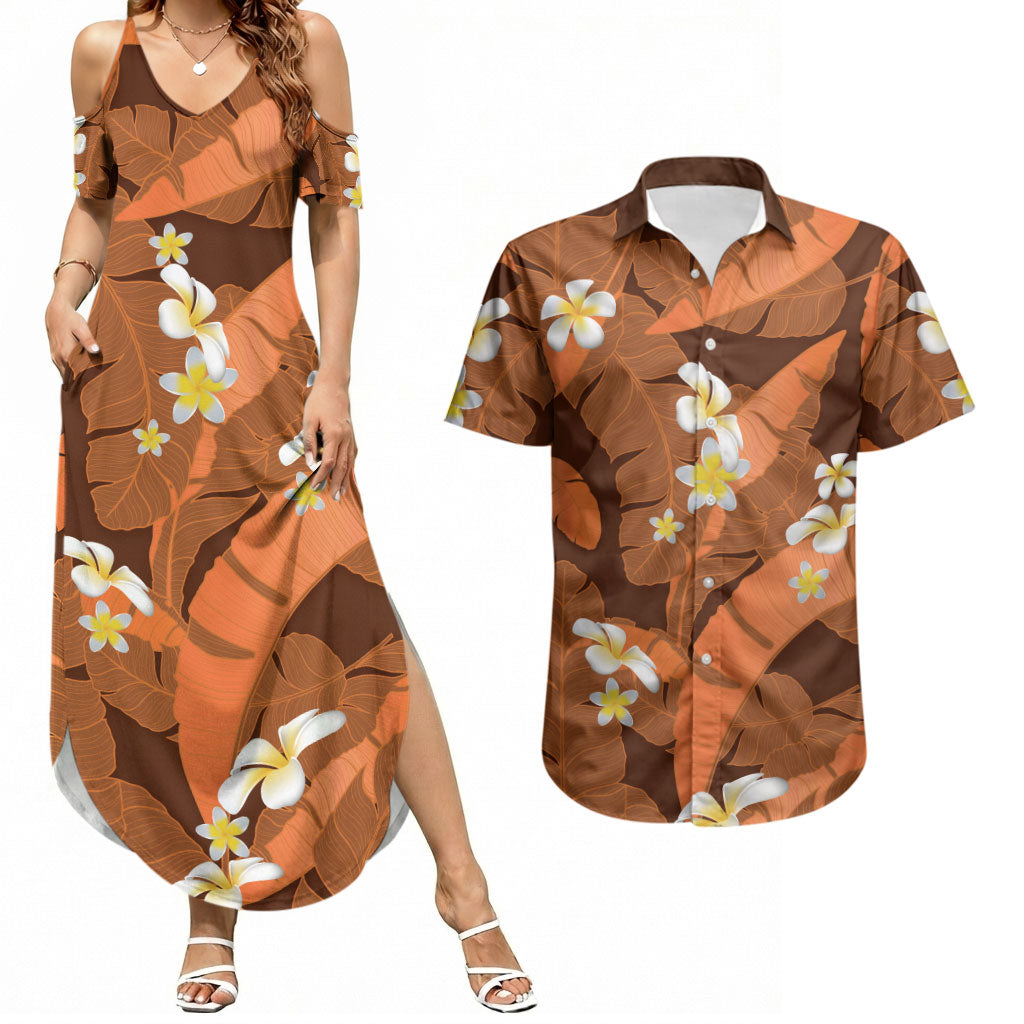 Orange Banana Leaf Hawaii Couples Matching Summer Maxi Dress and Hawaiian Shirt Lau Maia Plumeria Tropical Summer Vibes
