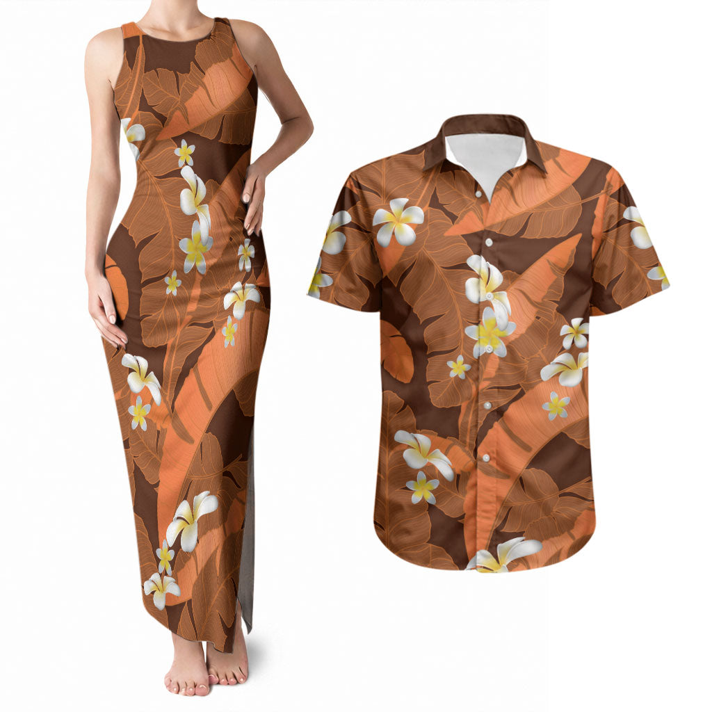 Orange Banana Leaf Hawaii Couples Matching Tank Maxi Dress and Hawaiian Shirt Lau Maia Plumeria Tropical Summer Vibes LT14 Orange - Polynesian Pride