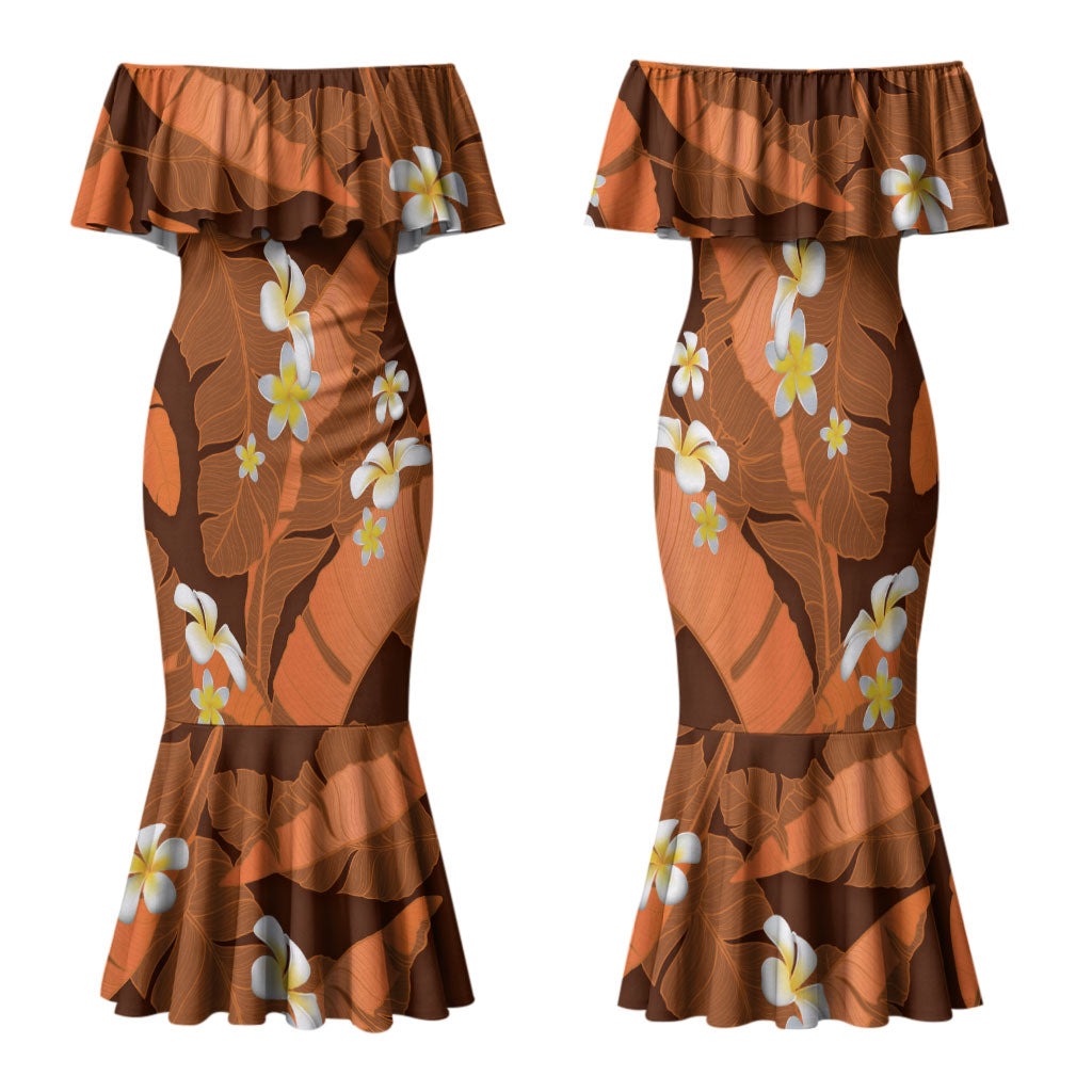 Orange Banana Leaf Hawaii Family Matching Mermaid Dress and Hawaiian Shirt Lau Maia Plumeria Tropical Summer Vibes