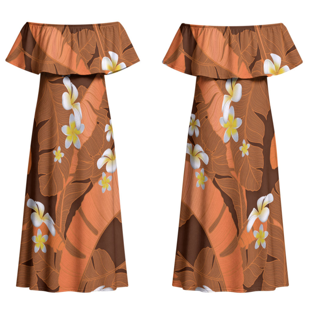 Orange Banana Leaf Hawaii Family Matching Off Shoulder Maxi Dress and Hawaiian Shirt Lau Maia Plumeria Tropical Summer Vibes