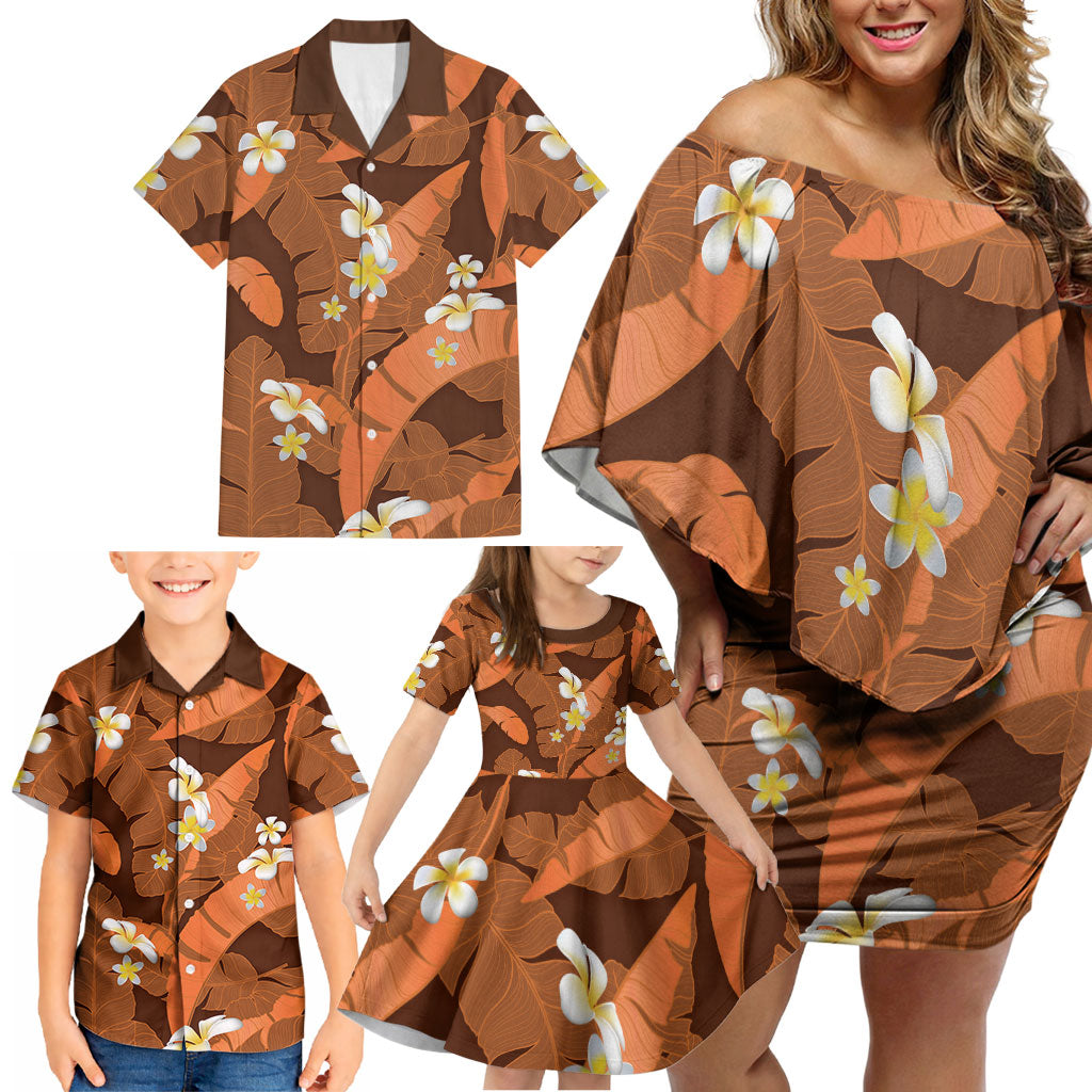 Orange Banana Leaf Hawaii Family Matching Off Shoulder Short Dress and Hawaiian Shirt Lau Maia Plumeria Tropical Summer Vibes LT14 - Polynesian Pride