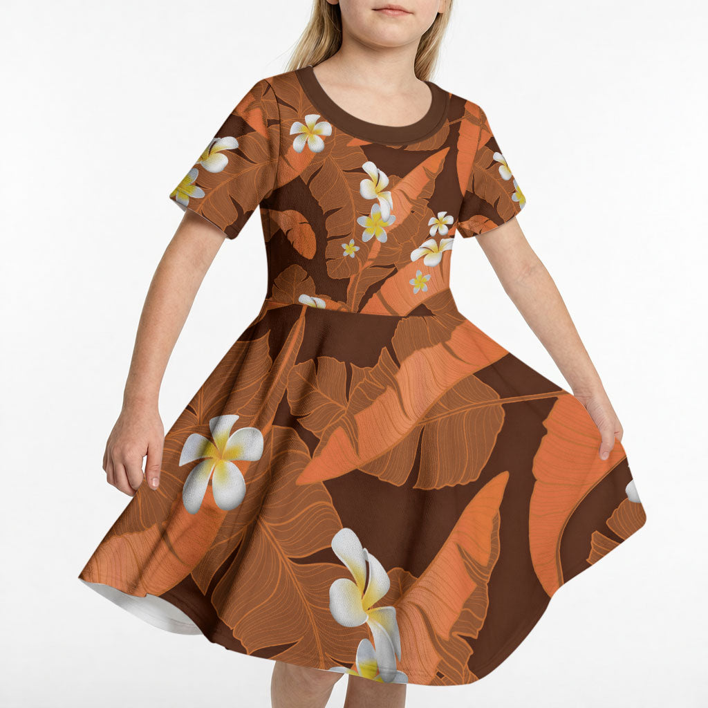 Orange Banana Leaf Hawaii Kid Short Sleeve Dress Lau Maia Plumeria Tropical Summer Vibes