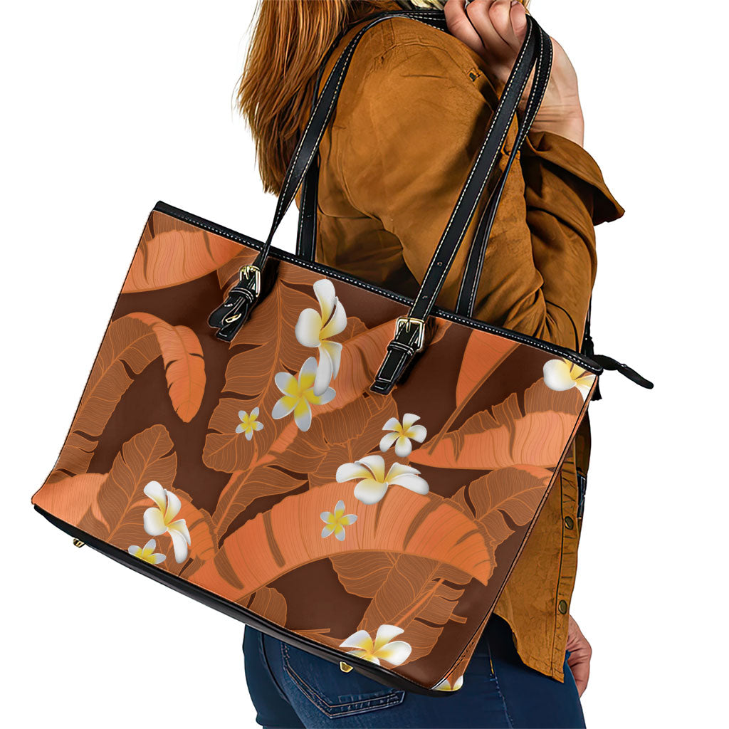 Orange Banana Leaf Hawaii Leather Tote Bag Lau Maia Plumeria Tropical Summer Vibes LT14 - Polynesian Pride