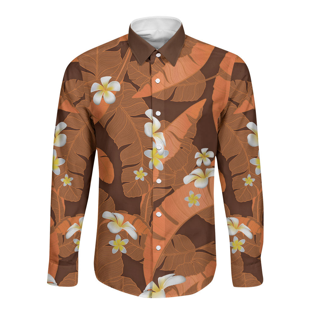 Orange Banana Leaf Hawaii Long Sleeve Button Shirt Lau Maia Plumeria Tropical Summer Vibes