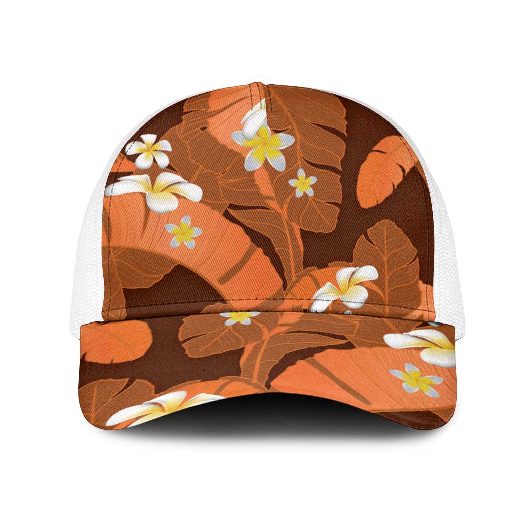 Orange Banana Leaf Hawaii Mesh Trucker Cap Lau Maia Plumeria Tropical Summer Vibes LT14 One Size White Orange - Polynesian Pride