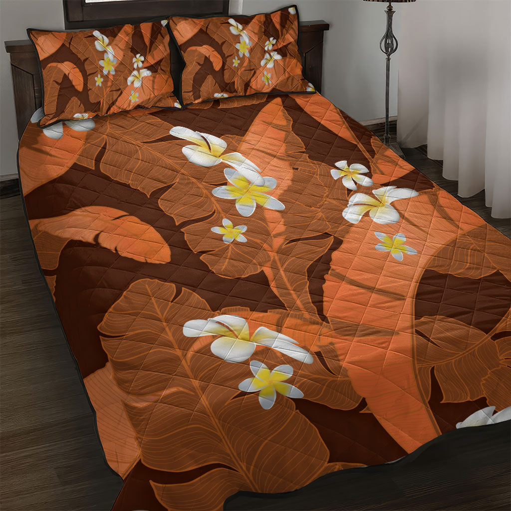 Orange Banana Leaf Hawaii Quilt Bed Set Lau Maia Plumeria Tropical Summer Vibes