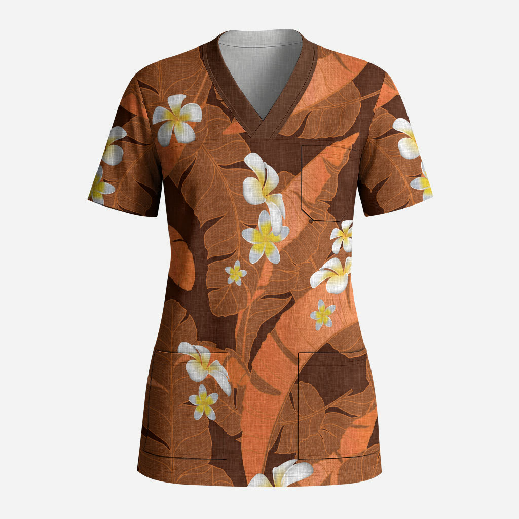 Orange Banana Leaf Hawaii Scrub Top Lau Maia Plumeria Tropical Summer Vibes LT14 Adult Orange - Polynesian Pride