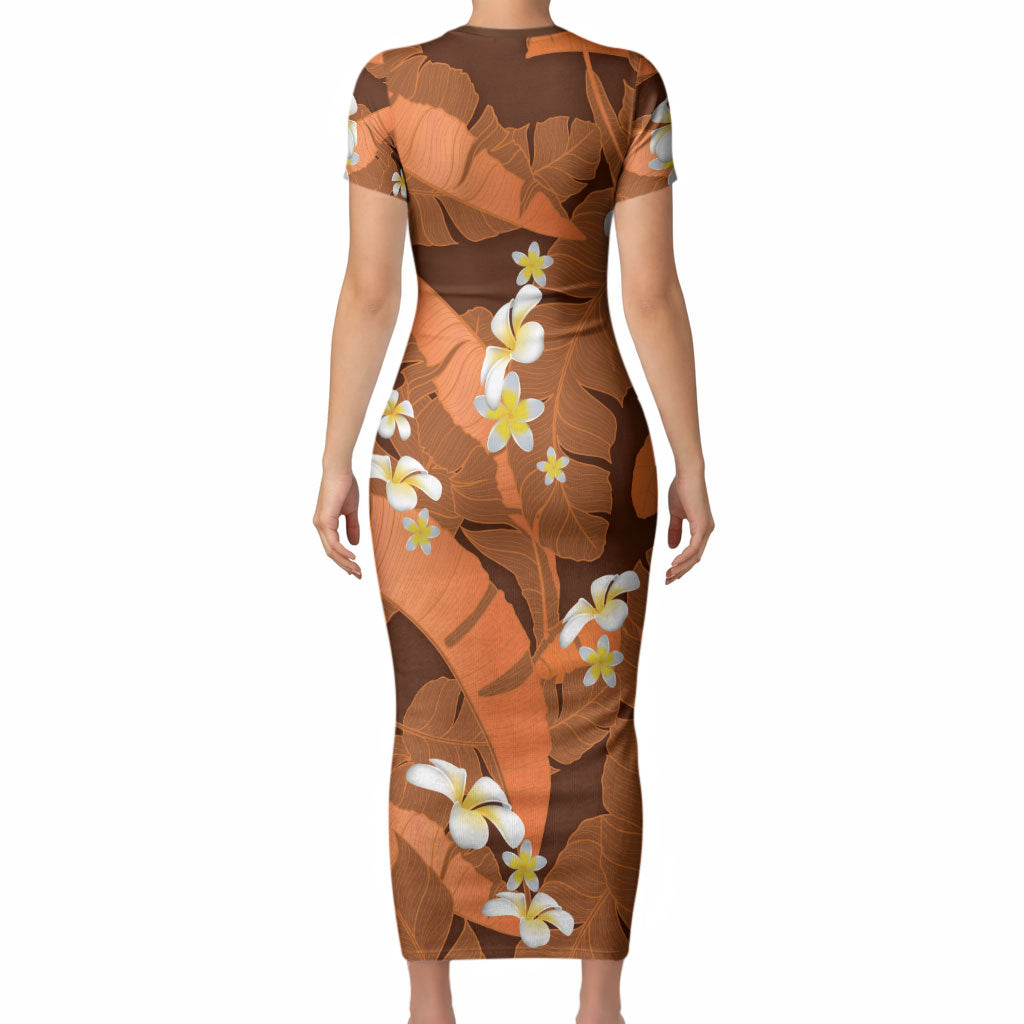 Orange Banana Leaf Hawaii Short Sleeve Bodycon Dress Lau Maia Plumeria Tropical Summer Vibes