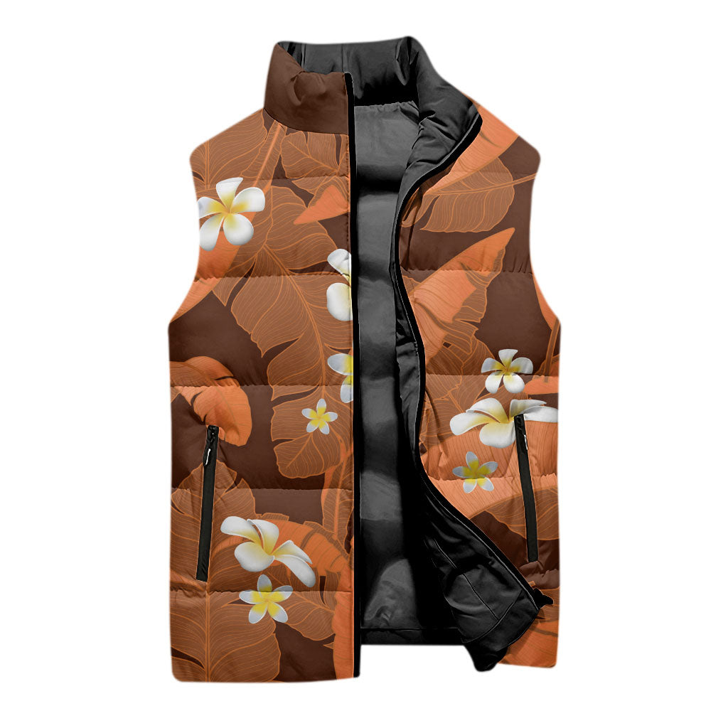 Orange Banana Leaf Hawaii Sleeveless Puffer Jacket Lau Maia Plumeria Tropical Summer Vibes