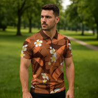 Orange Banana Leaf Hawaii Zipper Polo Shirt Lau Maia Plumeria Tropical Summer Vibes