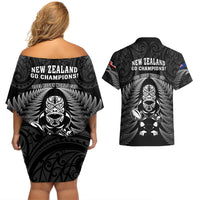 New Zealand Aotearoa Rugby Couples Matching Off Shoulder Short Dress and Hawaiian Shirt NZ Tiki With Maori Fern World Cup Black Version LT14 - Polynesian Pride