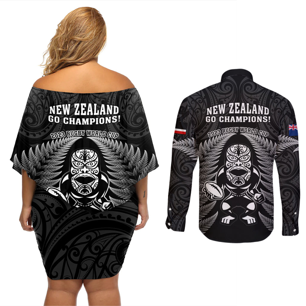 New Zealand Aotearoa Rugby Couples Matching Off Shoulder Short Dress and Long Sleeve Button Shirts NZ Tiki With Maori Fern World Cup Black Version LT14 - Polynesian Pride