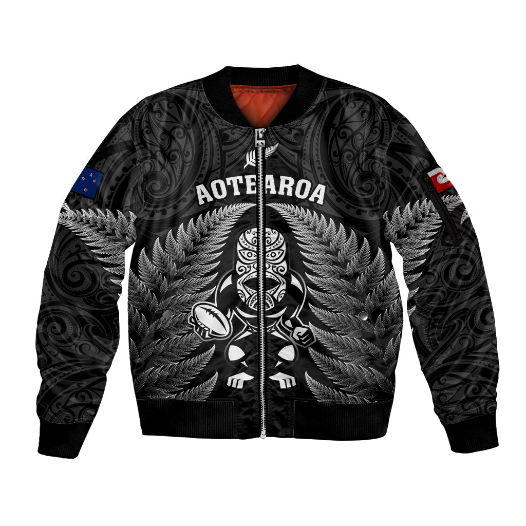 New Zealand Aotearoa Rugby Sleeve Zip Bomber Jacket NZ Tiki With Maori Fern World Cup Black Version LT14 Unisex Black - Polynesian Pride