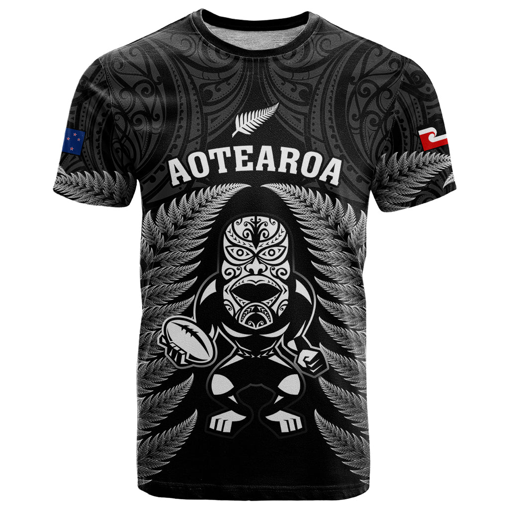 New Zealand Aotearoa Rugby T Shirt NZ Tiki With Maori Fern World Cup Black Version LT14 Black - Polynesian Pride