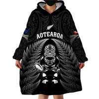 New Zealand Aotearoa Rugby Wearable Blanket Hoodie NZ Tiki With Maori Fern World Cup Black Version LT14 - Polynesian Pride