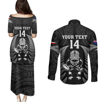 Custom New Zealand Aotearoa Rugby Couples Matching Puletasi Dress and Long Sleeve Button Shirts NZ Tiki With Maori Fern World Cup Black Version LT14 - Polynesian Pride