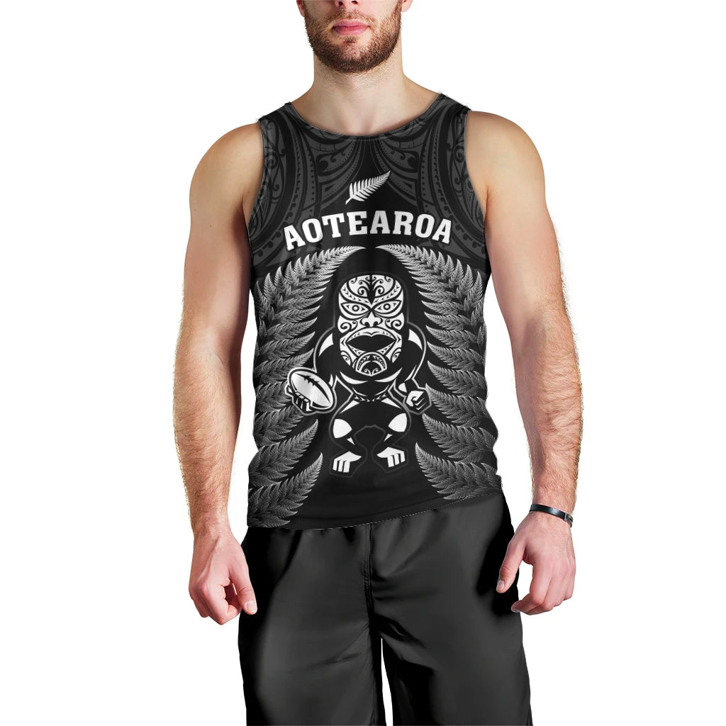 Custom New Zealand Aotearoa Rugby Men Tank Top NZ Tiki With Maori Fern World Cup Black Version LT14 - Polynesian Pride