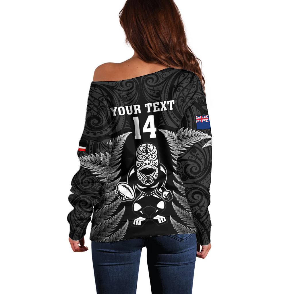 Custom New Zealand Aotearoa Rugby Off Shoulder Sweater NZ Tiki With Maori Fern World Cup Black Version LT14 - Polynesian Pride
