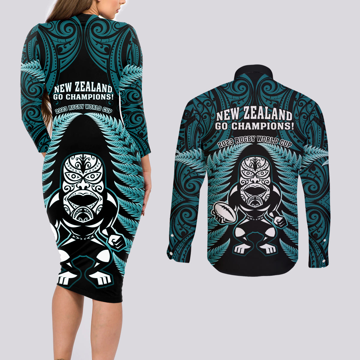 New Zealand Aotearoa Rugby Couples Matching Long Sleeve Bodycon Dress and Long Sleeve Button Shirts NZ Tiki With Maori Fern World Cup Turquoise Version LT14 - Polynesian Pride