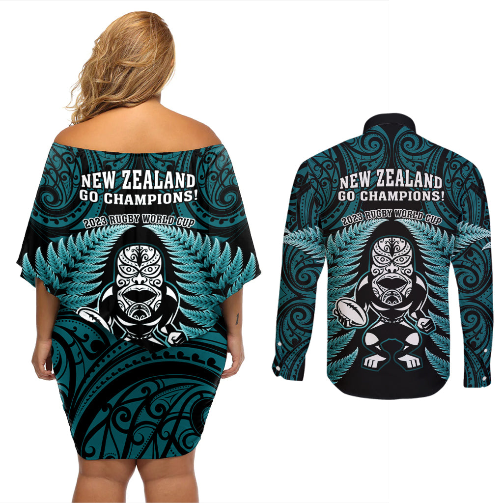 New Zealand Aotearoa Rugby Couples Matching Off Shoulder Short Dress and Long Sleeve Button Shirts NZ Tiki With Maori Fern World Cup Turquoise Version LT14 - Polynesian Pride