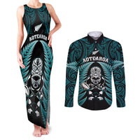 New Zealand Aotearoa Rugby Couples Matching Tank Maxi Dress and Long Sleeve Button Shirts NZ Tiki With Maori Fern World Cup Turquoise Version LT14 Turquoise - Polynesian Pride